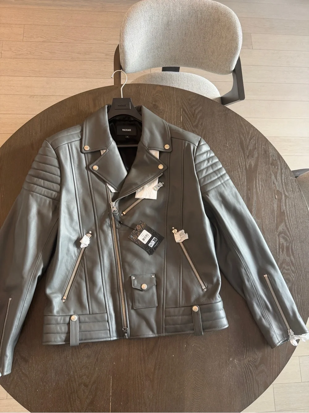Mackage Men’s Dark Gray Leather Moto Jacket with Silver Hardware